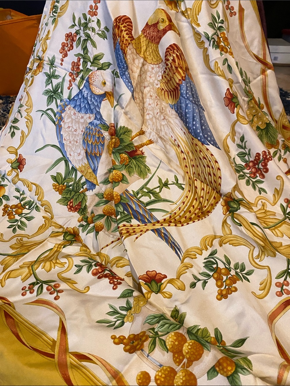 Salvatore Ferragamo White Scarf with Blue, Gold and Green Parrot Motif